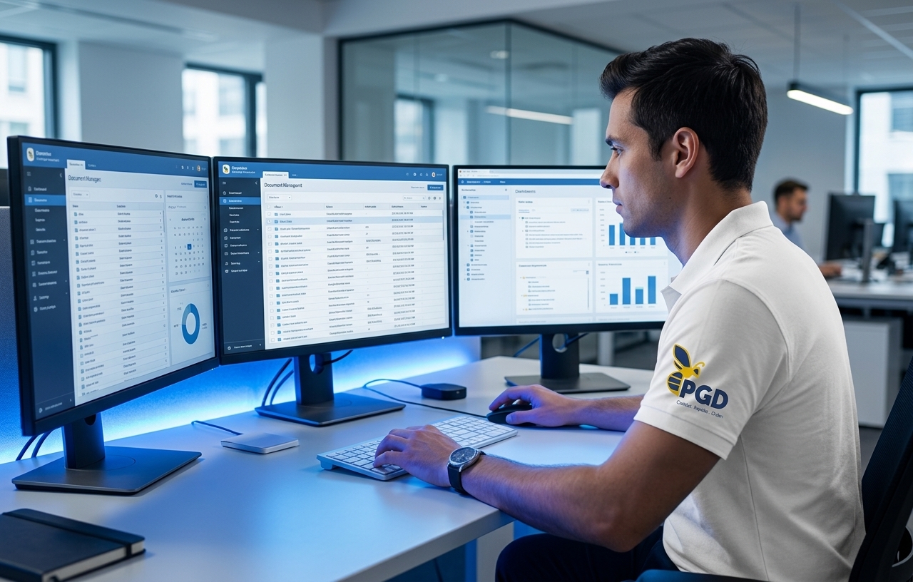 Colaborador de PGD trabajando en monitores